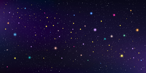 Galaxy background. Stardust in deep universe and bright shining stars in universe. Dark purple sky and colourful stars. Vector illustration.