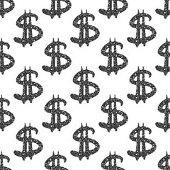 Black symbols of dollars isolated on white background. Cute monochrome seamless pattern. Vector simple flat graphic hand drawn illustration. Texture.