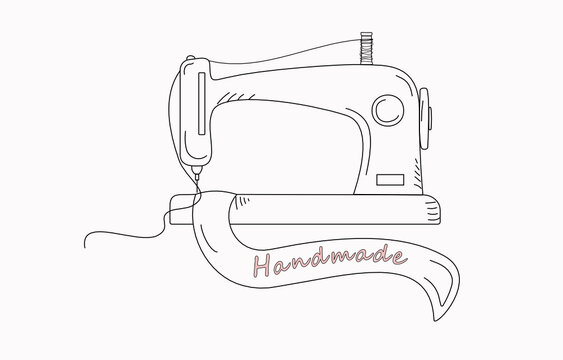 Doodle style sewing machine with text. Handmade. Vector graphics with isolated background.