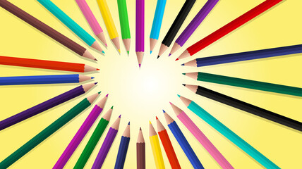 Background with colored pencils lying in the shape of a heart. Vector illustration