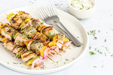 Grilled Fish Kebab in a Plate with Condiment Garnished with Fresh Dill
