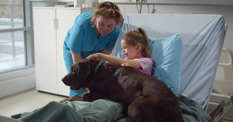 Nurse with cute brown labrador visiting sick little girl in hospital ward