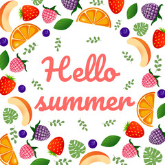 Hello summer lettering with raspberry, blackberry, strawberry, blueberry, peach, orange, monstera leaves and greenery. Vector cartoon elements of berries and fruits. Illustration postcard. Pink text.