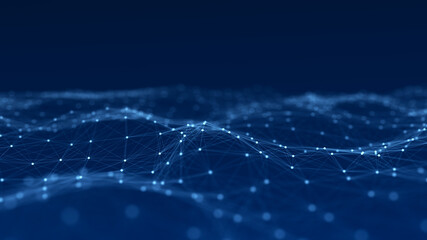 Abstract wave with moving dots and lines. Flow of particles. Cyber technology illustration. 3d rendering