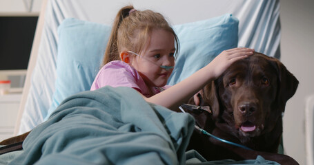 Portrait of smiling little girl stroking brown labrador lying in hospital bed