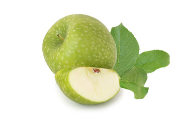 Two ripe green apples with leaves isolated on white