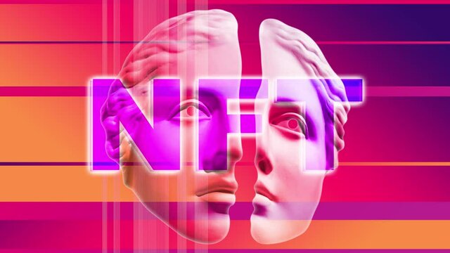 NFT Non fungible token. Crypto art concept. Technology selling unique collectibles, games characters, blockchain assets and digital artwork. Future of art market. Cryptocurrencies and e-commerce.