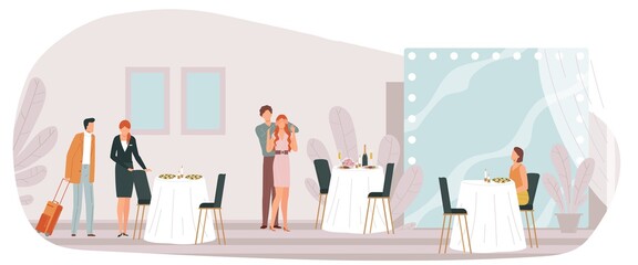 Restaurant concept, cafe people, drink swallow interior, sitting man, rest young, design, in cartoon style vector illustration.