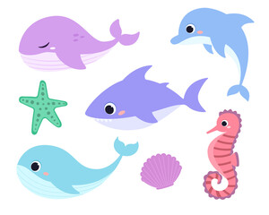 Set of flat sea animals. Cute fish and mammals in the ocean in flat style. Dolphin, whale, shark, seahorse isolated on white background. Childrens illustration
