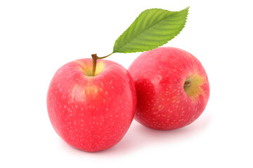 Two ripe red apples with leaf isolated on white