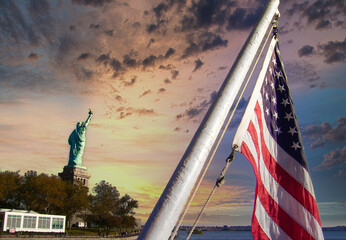 liberty from the boat with the flag in front
