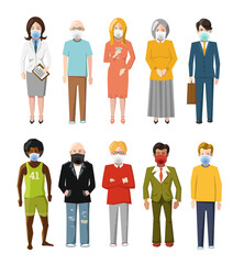 Set of ten detailed flat characters wear masks to protect from COVID on white
