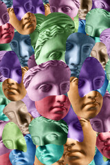 Collage with sculpture of human face in a pop art style. Modern creative concept image with ancient statue head. Zine culture. Contemporary art poster. Funky punk minimalism. Retro surreal design.