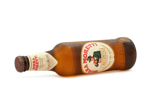 BUCHAREST, ROMANIA - DECEMBER 14, 2020. Bottle of Birra Moretti L'Autentica isolated on white 