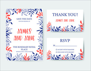 Floral template for a wedding invitation. Vector wedding floral invitation. Rsvp card design set. Invitation card with floral spring and summer pattern