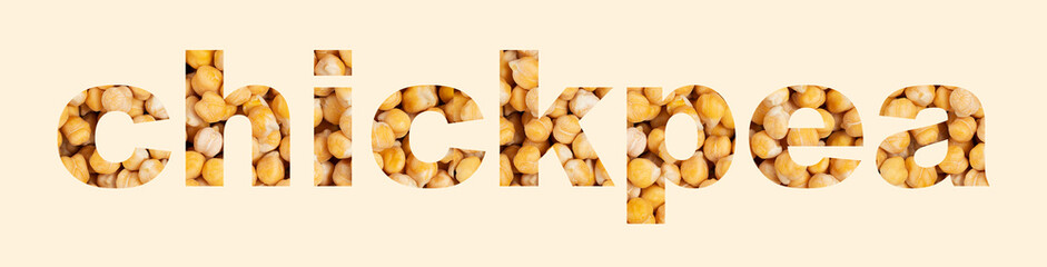 Lettering made from raw high-protein chickpeas on a light background
