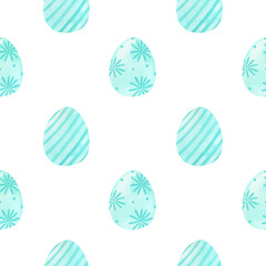Watercolor seamless pattern with Easter painted eggs in light blue colors. Festive elements with floral and striped ornaments. Perfect for wrapping paper, fabric, textiles, prints, decorations.