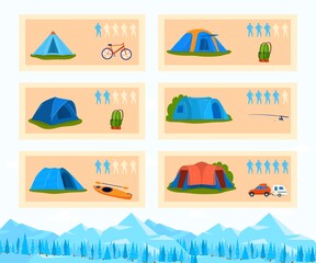 Tourism capacity tent, outdoor camp equipment, mountain vacation, adventure tourist, design, flat style vector illustration.