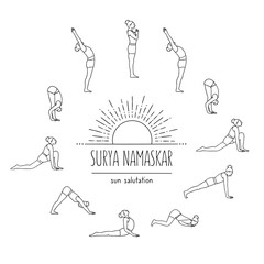 Hand drawn illustration of a young woman doing sun salutation (surya namaskar) 