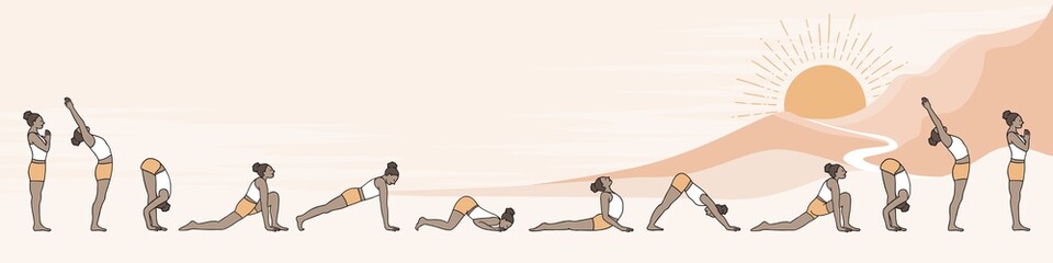 Hand drawn illustration of a young woman doing sun salutation, with a drawing of the sun and mountains - 427290336