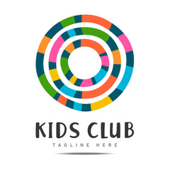 Abstract art graphic logo kids club playground colorful circle hoop with bright lines in ring white background.Design template kids zone icon,children store,toys shop,play room sign,childhood symbol