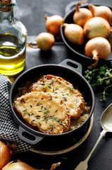 Onion soup with cheese croutons, a traditional French dish