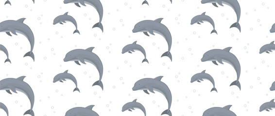 Seamless vector pattern with dolphins to white background for wallpaper, web page background, surface textures.
