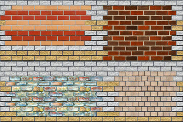 Combined pattern of bricks of different colors and shapes, for use as a seamless abstract background.