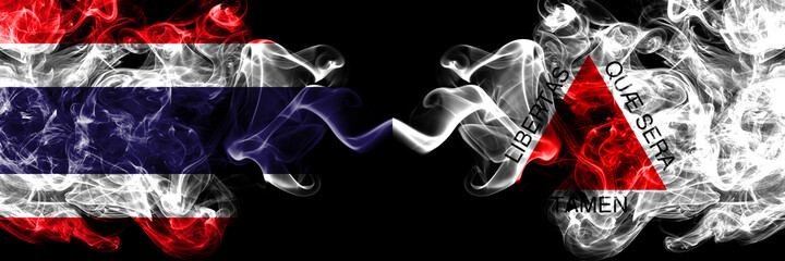 Thailand, Thai vs Brazil, Brazilian, Minas Gerais smoky mystic flags placed side by side. Thick colored silky abstract smokes flags.