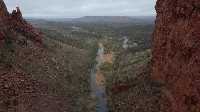 Simpsons Gap - River In Valley Flowing In Outback At West MacDonnell Ranges In Northern Territory, Australia. - aerial
