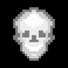 Fototapeta premium Laughing human skull pixel icon. Evil dead head pirate symbol black flag scary ghost of impending death vector thugs symbol.