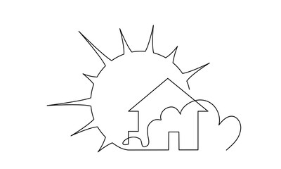 Real estate house sale agency icon with Sun. Continuous one line drawing