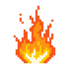 Fototapeta premium Pixel burning bonfire icon. Flaming fire with glowing yellow core red flame after powerful explosion with flying vector sparks.