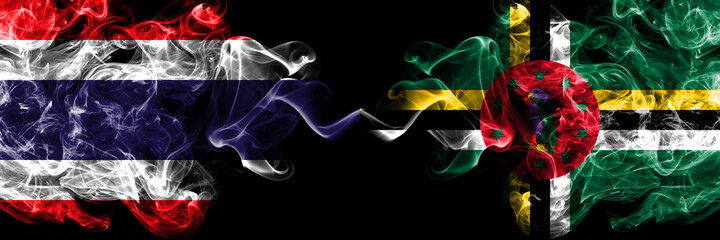 Thailand, Thai vs Dominica, Dominican smoky mystic flags placed side by side. Thick colored silky abstract smokes flags.