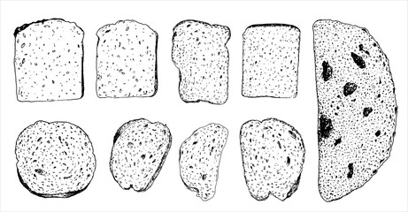 Vector set of slices of various shapes and types of bread, top view drawn by hand with a black line in the sketch style on a white background. bread slice texture for bakery menu packaging design temp