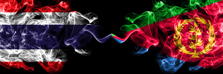 Thailand, Thai vs Eritrea, Eritrean smoky mystic flags placed side by side. Thick colored silky abstract smokes flags.