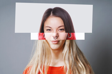 digital collage of 3 different young women of asian and europen descent - diversity concept