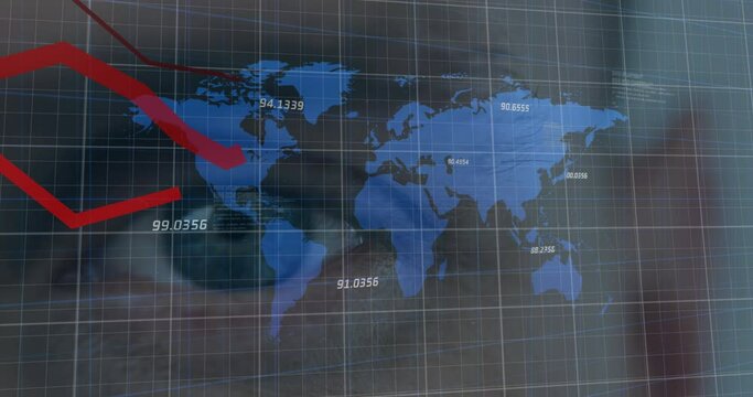 Animation Of Red Lines Recording Over World Map And Man's Eye In Background