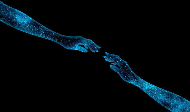 Two shining cosmic blue hands stretched out to each other on a black background