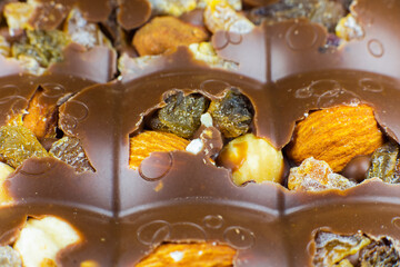 Milk chocolate bar with nuts, dried fruits and  raisins background texture. Close up, macro photo.