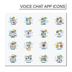 Drop in audio app color icons set. Communication application with friends. Application rules, raped popularity. Voice communication concept. Isolated vector illustration