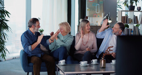 Cheeful old friends gathering at home watching Tv programs and communicating. Friendship. Elderly pensioners. Entertainment.