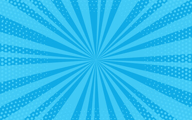 Pop art background. Comic pattern with starburst and halftone. Cartoon retro sunburst effect with dots. Blue banner. Vintage sunshine texture. Vector illustration. Superhero starburst print.