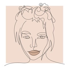 A beautiful face is drawn with one solid line. Woman with a bun of hair on her head. The lips are highlighted in a different color. Silhouette on a beige background. Isolated vector illustrations