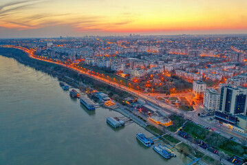 Galati, ROMANIA - March 19, 2021: Aerial view of Galati City, Romania. Danube River near city with...