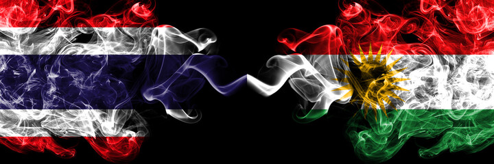 Thailand, Thai vs Kurdistan, Kurdish, Kurds smoky mystic flags placed side by side. Thick colored silky abstract smokes flags.