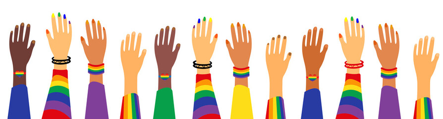 LGBT Pride Month holiday, People. Hands up gay parade. Vector illustration - obrazy, fototapety, plakaty