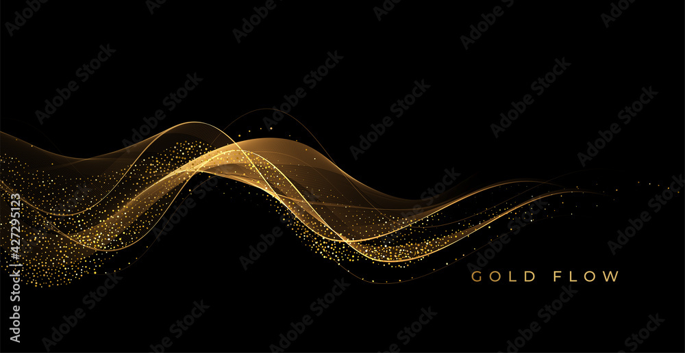 Poster Abstract Gold Waves. Shiny golden moving lines design element with glitter effect on dark background for greeting card and disqount voucher.