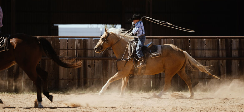 Western cowboy lifestyle with child riding palomino horse while at team roping practice in outdoor arena.