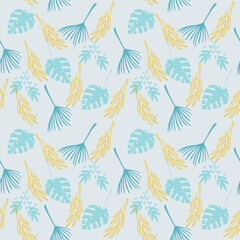 Trendy Tropical Vector Seamless Pattern. Monstera Banana Leaves Feather Dandelion Tropical Seamless Pattern.